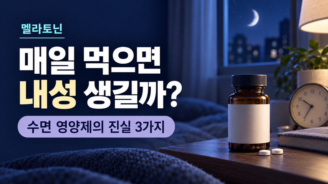 멜라토닌 내성을 묻는 문구와 밤의 침실에 놓인 약병, 정제, 시계