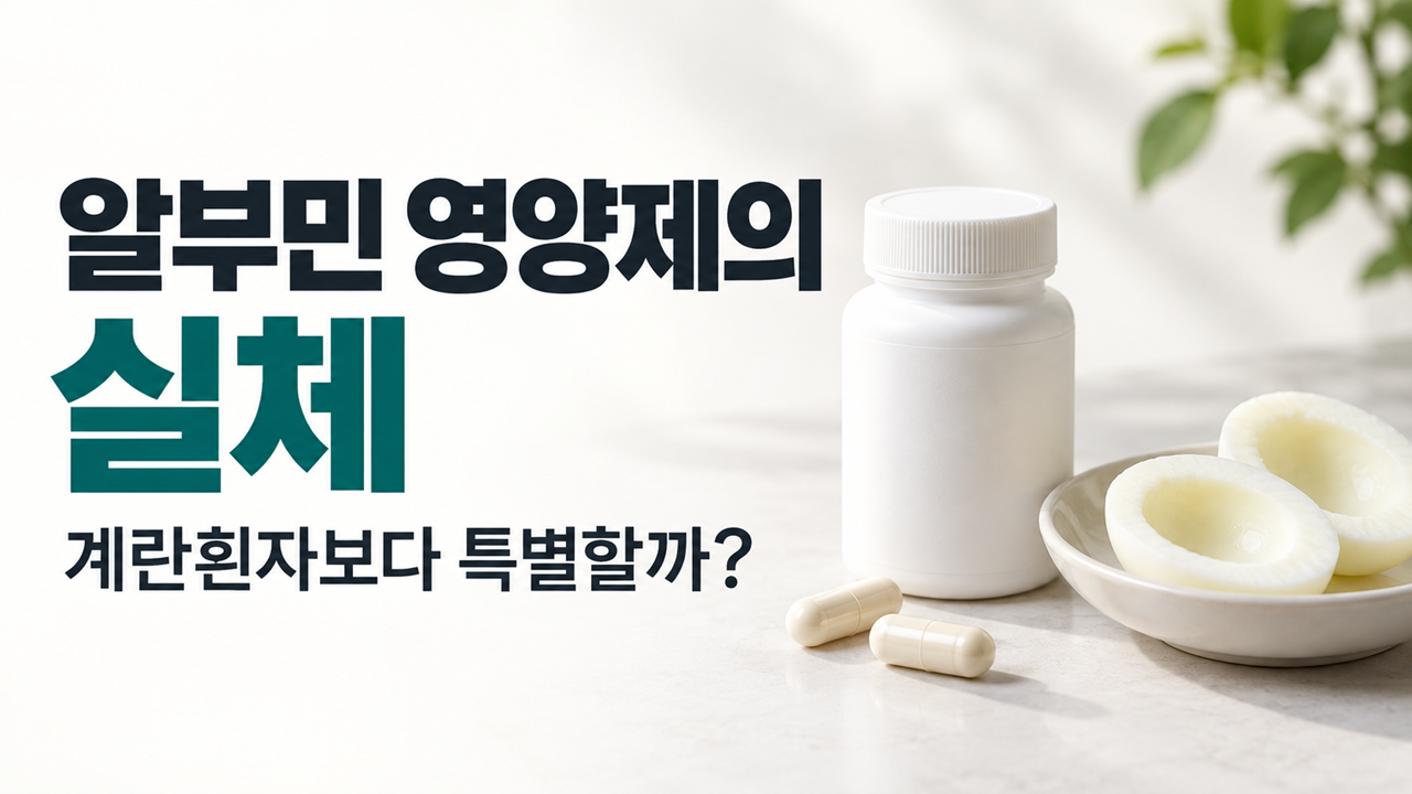 알부민 영양제의 실체를 주제로 익힌 계란흰자와 영양제 용기를 나란히 놓은 이미지