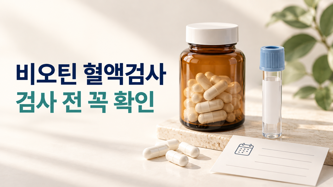 비오틴 혈액검사 안내 문구 옆에 놓인 영양제 병과 검체 튜브