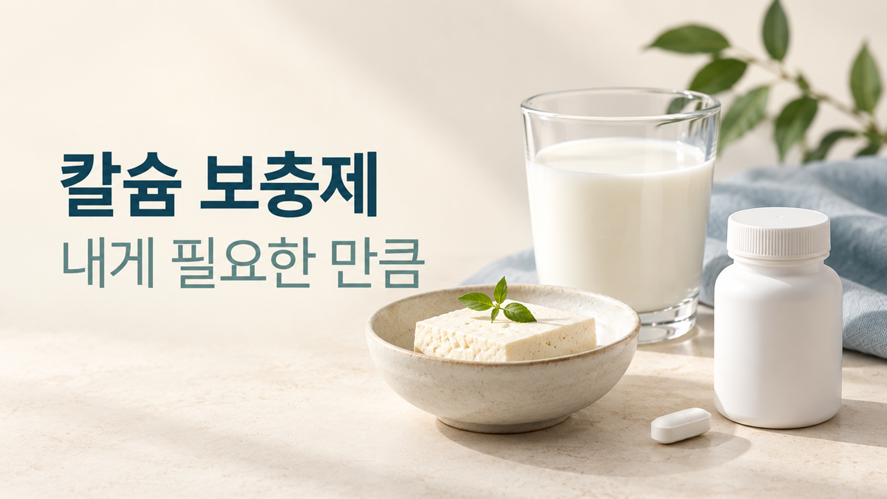 칼슘 보충제 안내 문구와 함께 놓인 우유, 두부, 영양제 용기