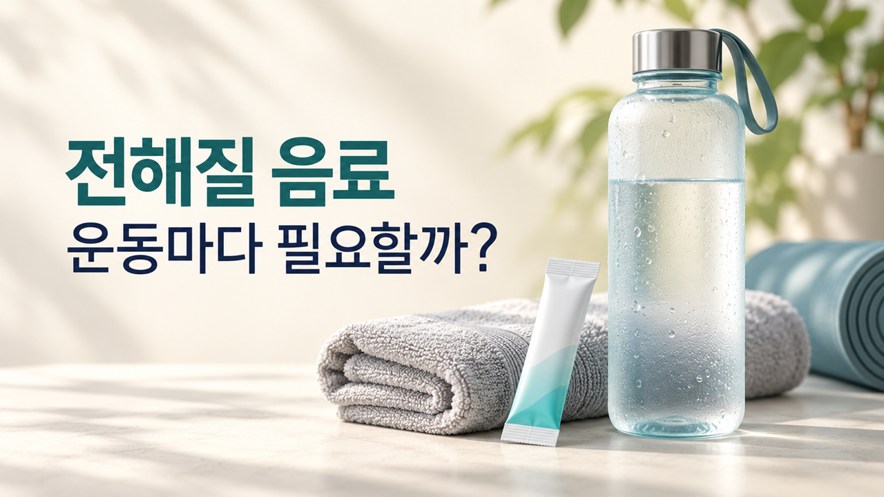 전해질 음료 안내 문구와 물병, 운동 수건, 분말 스틱