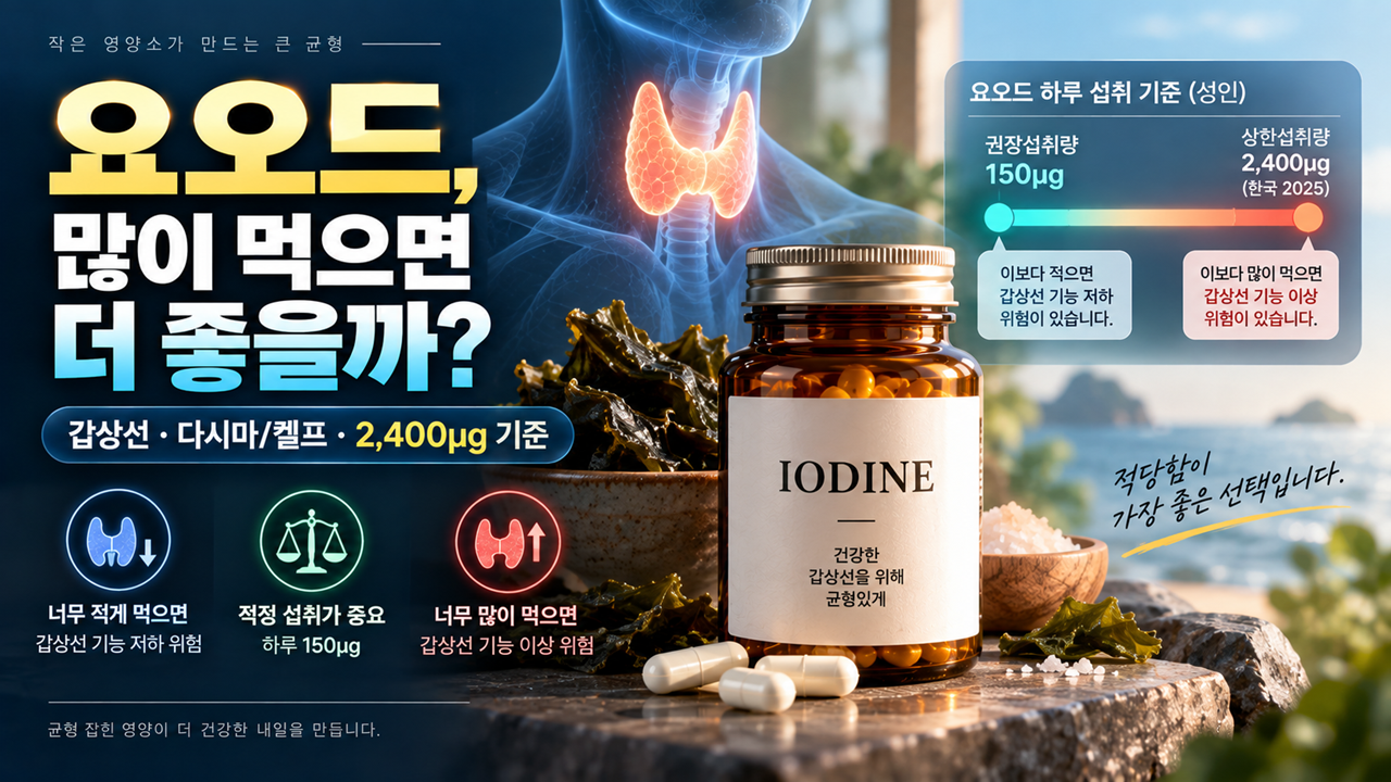 요오드 영양제와 다시마 켈프의 요오드 함량, 갑상선 건강과 성인 상한섭취량 2400마이크로그램을 설명하는 건강정보 이미지