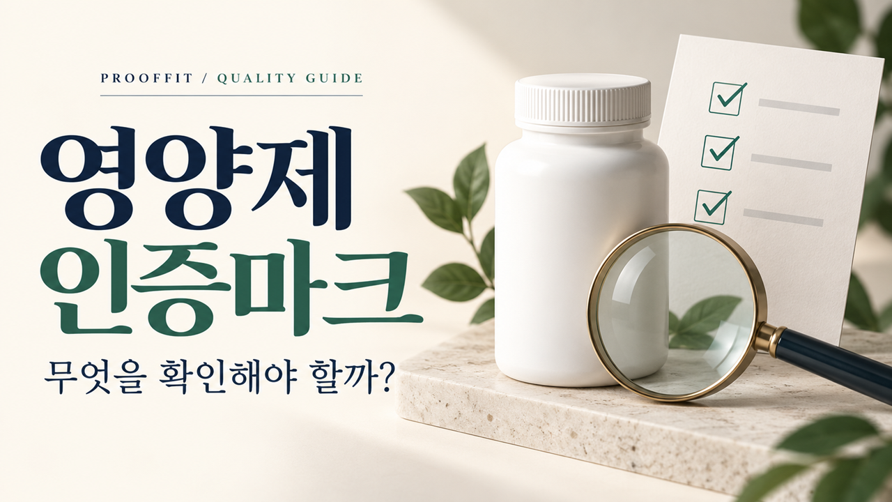영양제 인증마크를 확인하는 과정을 표현한 흰색 영양제 병, 돋보기와 체크리스트