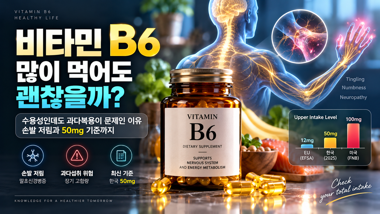 비타민 B6 과다복용과 손발 저림, 말초신경병증 및 하루 50mg 상한섭취량을 설명하는 건강정보 이미지