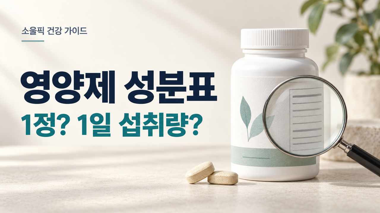 영양제 성분표 읽는 법을 소개하는 영양제 용기와 돋보기