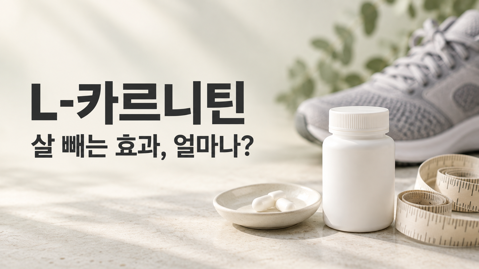L-카르니틴 다이어트 효과를 주제로 흰 영양제 용기와 캡슐, 줄자, 운동화를 배치한 이미지