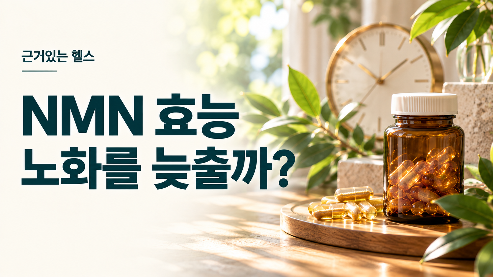 사람 없이 NMN 영양제 병과 캡슐, 시계, 초록 식물을 담은 근거있는 헬스 대표이미지