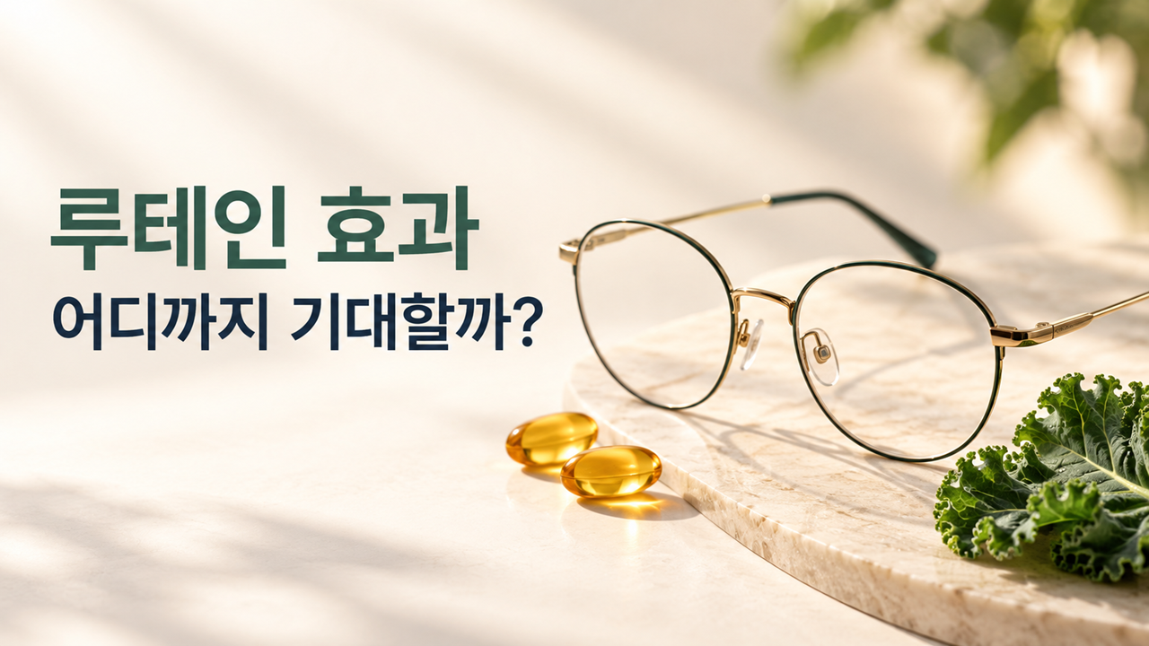 루테인 효과 안내 문구 옆에 놓인 안경, 황금빛 캡슐과 녹색 잎