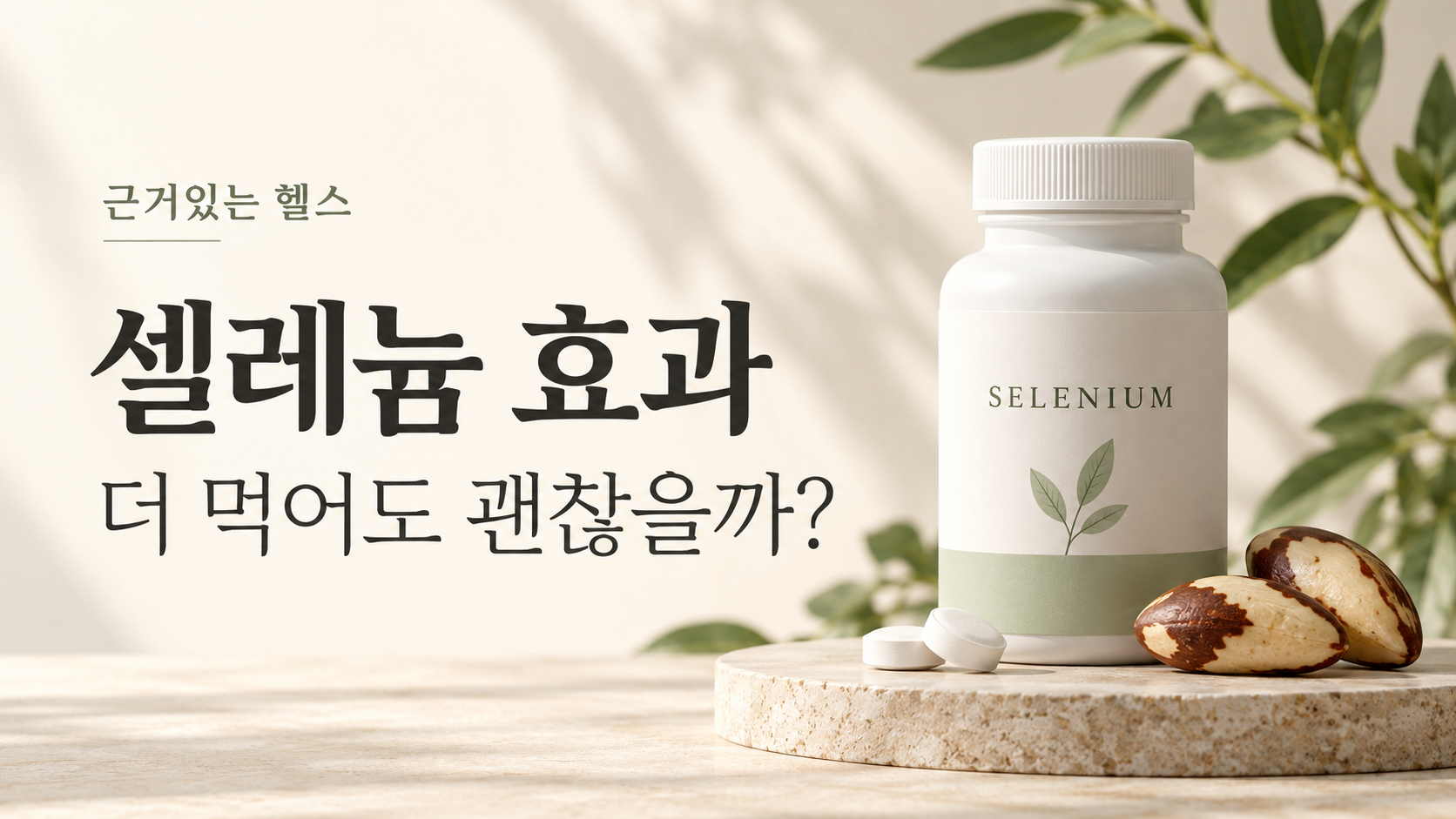 셀레늄 효과를 소개하는 영양제 병과 브라질너트 이미지