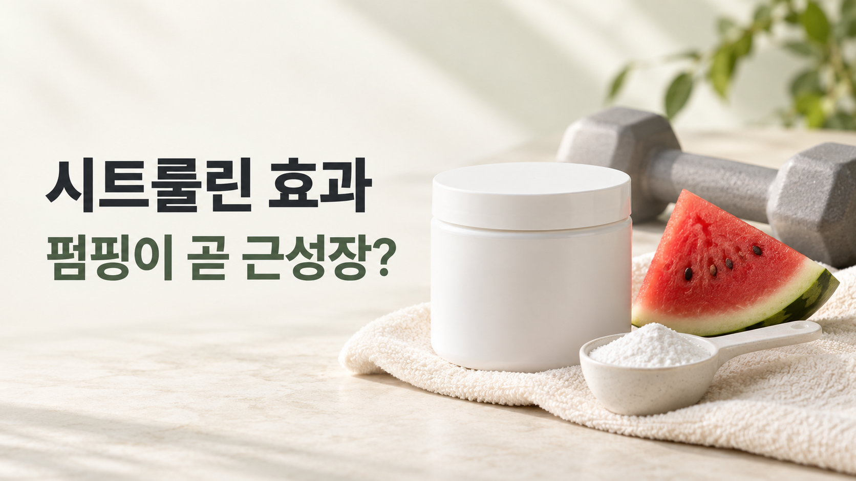 시트룰린 효과를 주제로 흰 보충제 용기와 분말 스푼, 수박, 덤벨을 배치한 이미지
