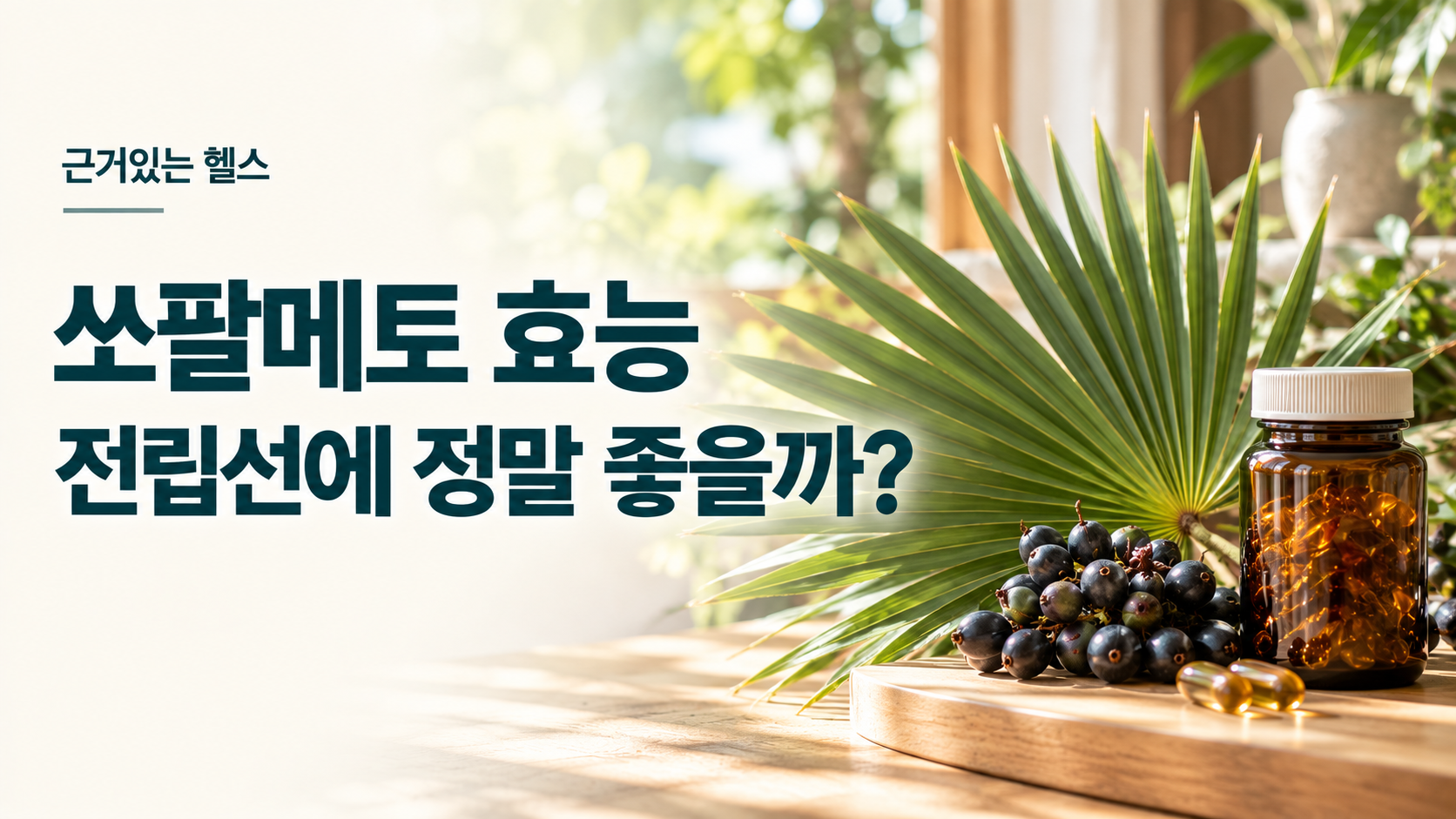 쏘팔메토 열매와 녹색 잎, 영양제 캡슐이 놓인 밝은 테이블에 쏘팔메토 효능 문구가 적힌 대표이미지